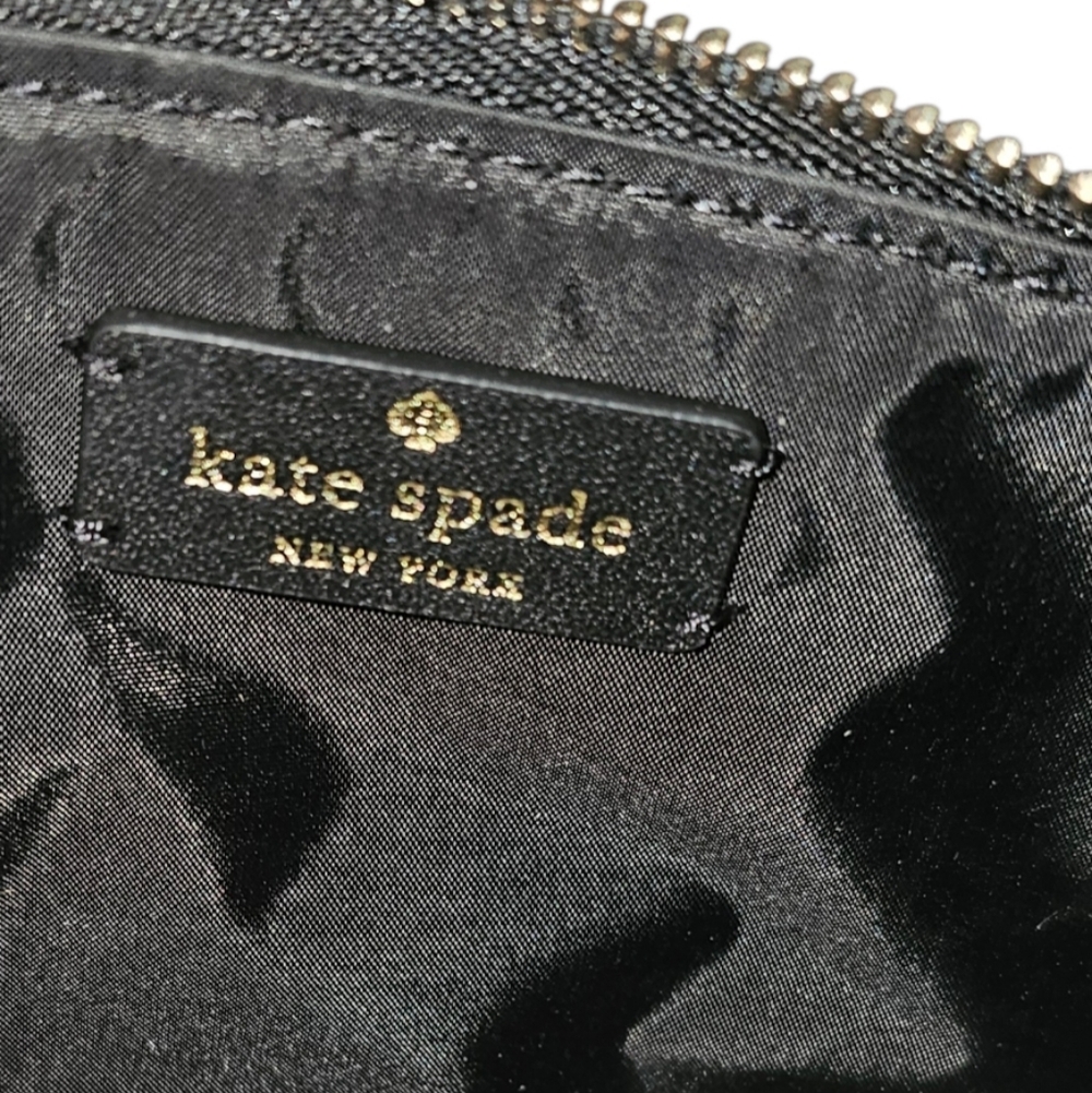 Kate Spade New York Staci Colorblock Cosmetic Case Crosshatch Leather Blk Beige - Picture 4 of 8
